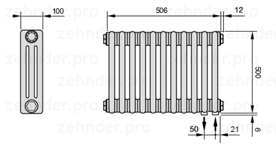 Схема (чертеж) Радиатор Zehnder Charleston 3050/11 №5510 Белый глянцевый RAL 9016